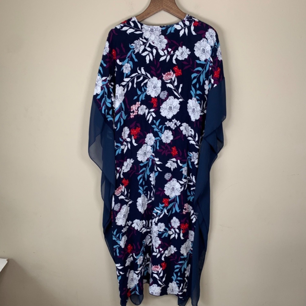 Navy Floral Kaftan/Maxi Dress Sheer Detailing Boho Beach READ - Picture 2 of 5